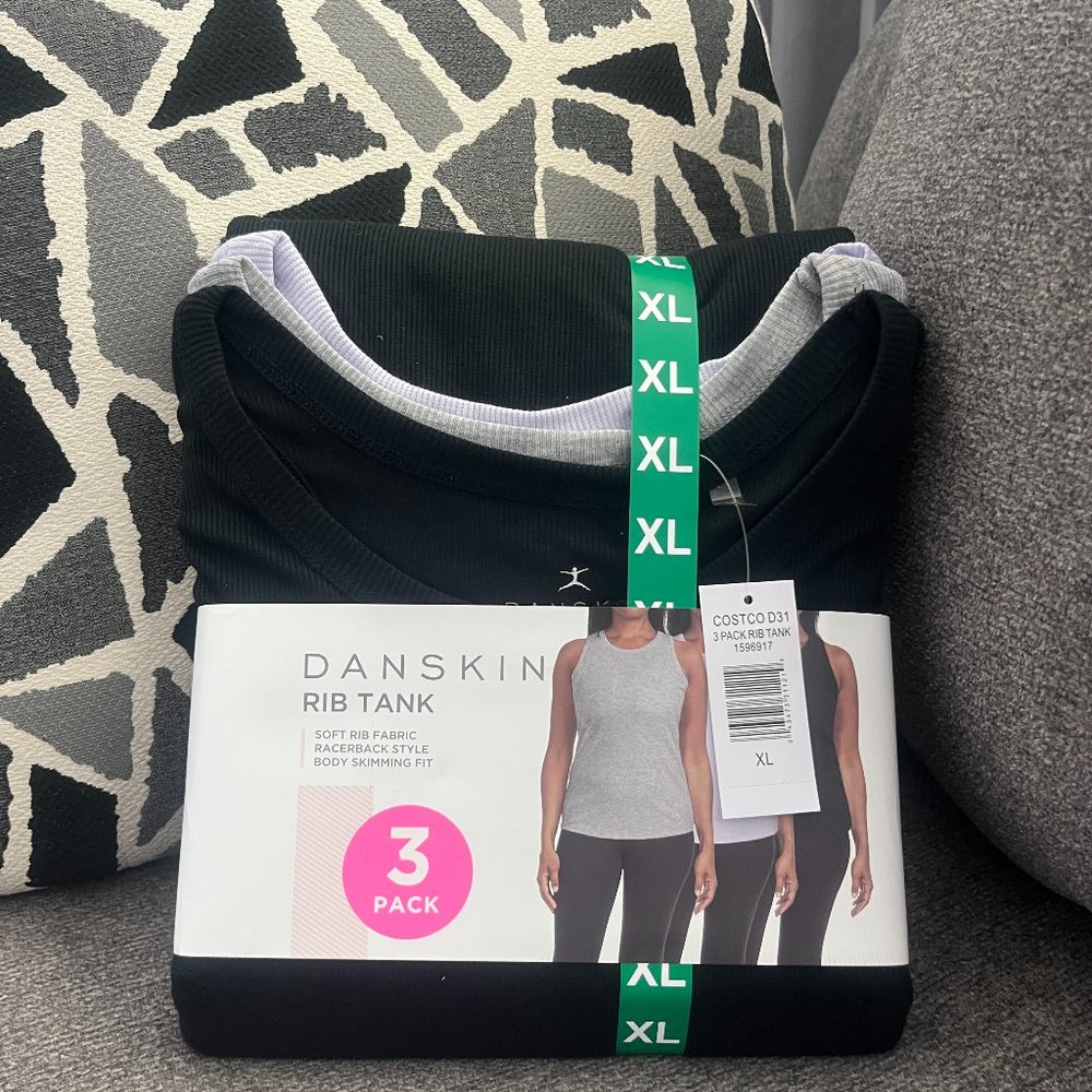 NWT Danskin Womens Tank Top Black Grey Purple 3-Pack Ribbed Racerback Slimming